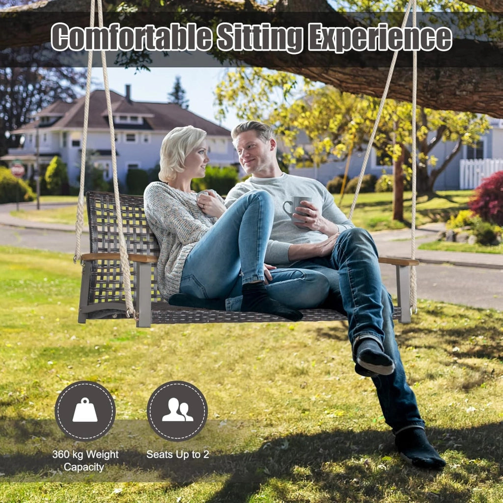 Altalena in vimini per 2 persone in rattan PE con schienale curvo per esterni, corde resistenti, capacità di carico di 360 kg, per terrazza, patio, giardino, balcone