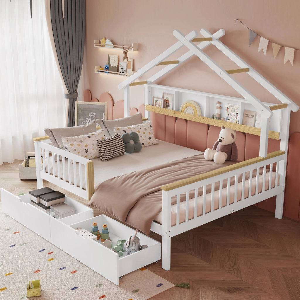 letto per bambini in legno massello e mdf bianco e naturale 140x200 cm