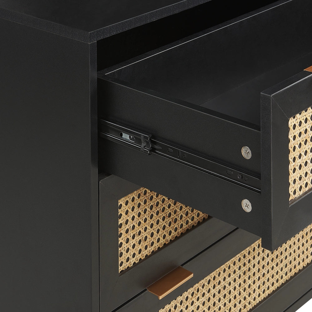 Cassettiera in rattan a 3 cassetti in legno di manifattura nero con cassetti frontali in rattan Credenza frontale in legno di gomma nero Gambe in stile Boho Soggiorno