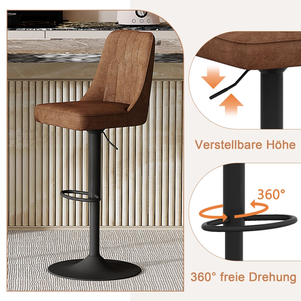 Sgabello da bar set da 2 girevole 360° e regolabile in altezza con seduta imbottita in tessuto tecnico marrone e nero