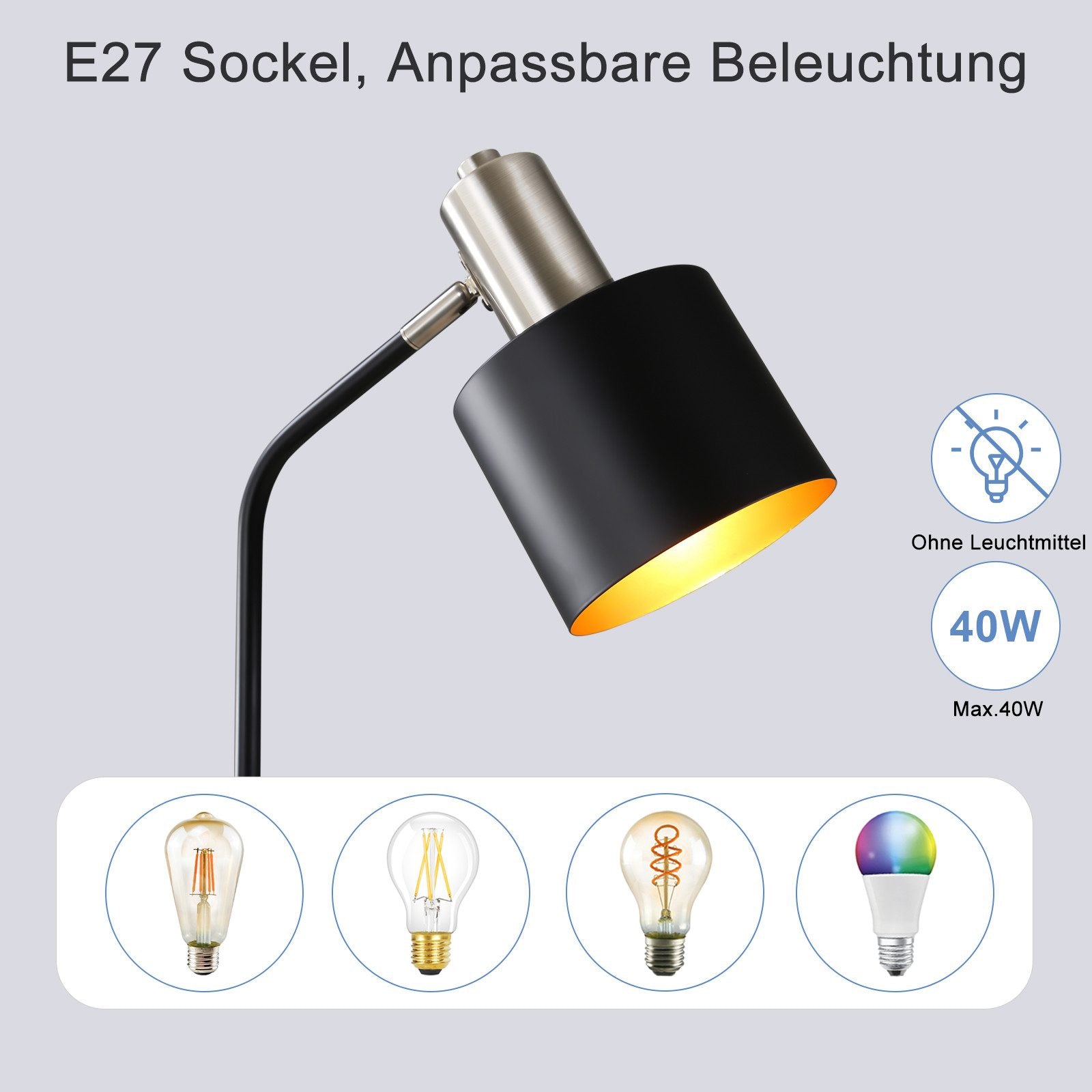 ZMH Lampada da tavolo vintage nera oro E27 cavo lettura per soggiorno comodino