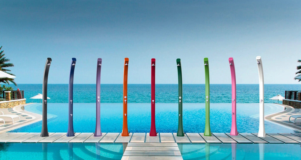 Doccia Solare da Giardino 28L Miscelatore Temporizzato e Lavapiedi Arkema Happy Beach Fuxia