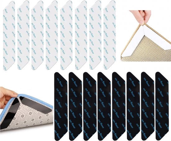 16 pezzi - Adesivo autoadesivo doppio - 18CM - Tappeto anti-curling - Tappetiera - Adesivo per tappeto - Adesivo per tappeto - Antiscivolo - Piastrine antiscivolo per sotto il tappeto - Adesivo per tappeto - bianco e nero