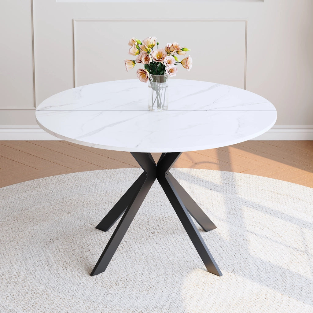 Tavolo da Pranzo Rotondo con Struttura a X; Effetto Marmo; per Cucina e Sala da Pranzo; in MDF e Metallo