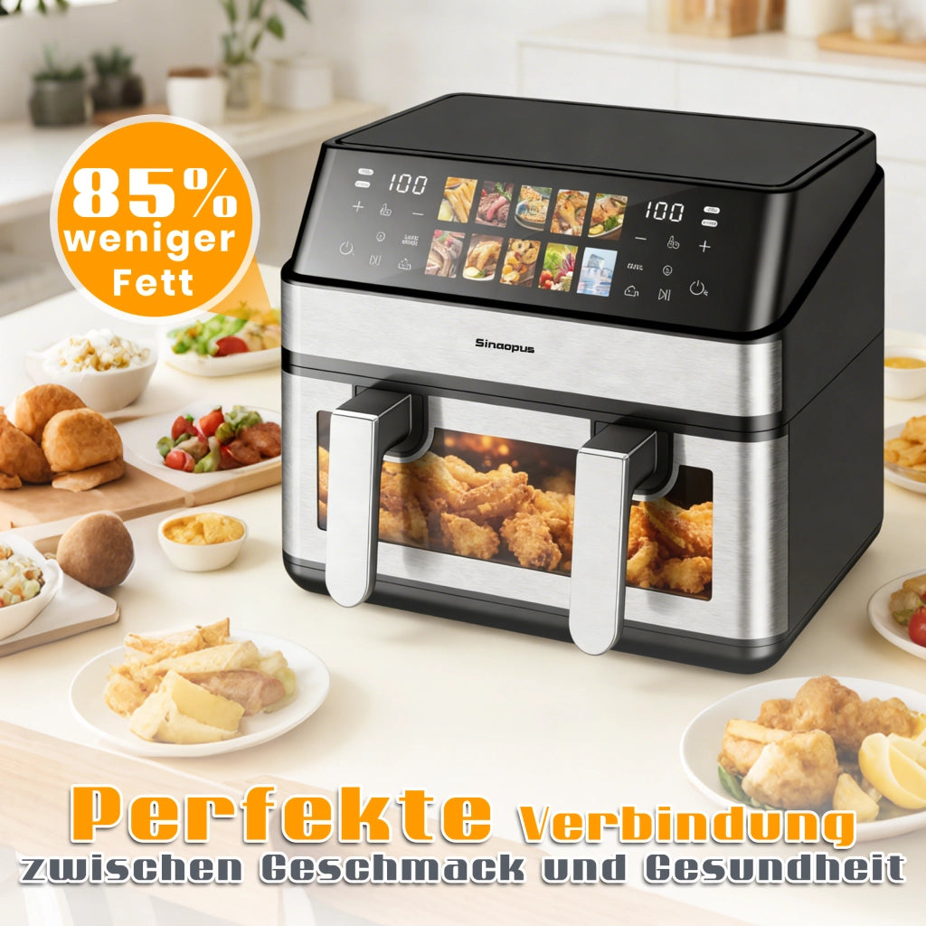 Friggitrice ad aria a doppia camera con obl¨°, 10 programmi di cottura, friggitrice senza olio, forno ad aria calda con touchscreen, friggitrice ad ari