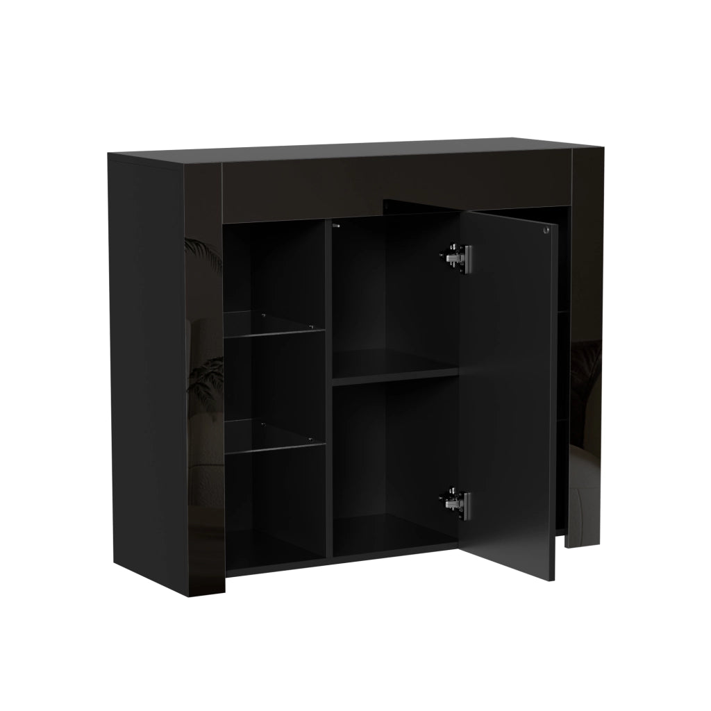 Credenza Nera Moderna con Frontale Lucido e Ripiani in Vetro 95x35x83 cm