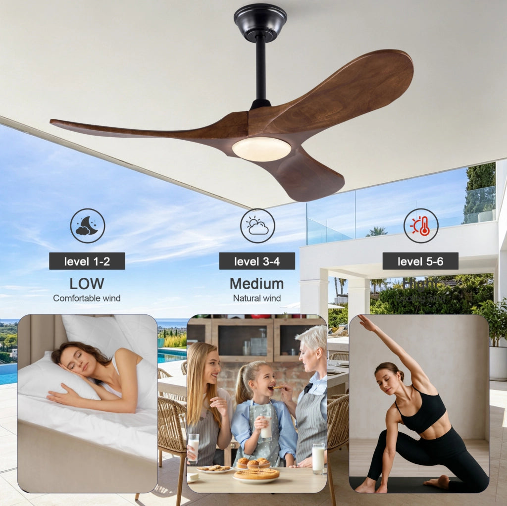 VENTILATORE DA SOFFITTO con Luce LED 107 cm Legno Massello Noce Nero