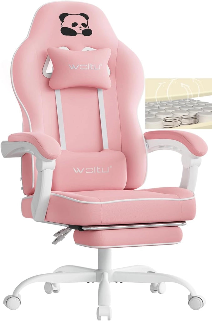 Sedia Gaming, Ampia Sedia da Ufficio Ergonomica Imbottita con Cuscino a Molla, Alta Capacità di Carico, Poltrona per Computer con Schienale Alto e Poggiapiedi, Tessuto a rete, Rosa, GS16rs
