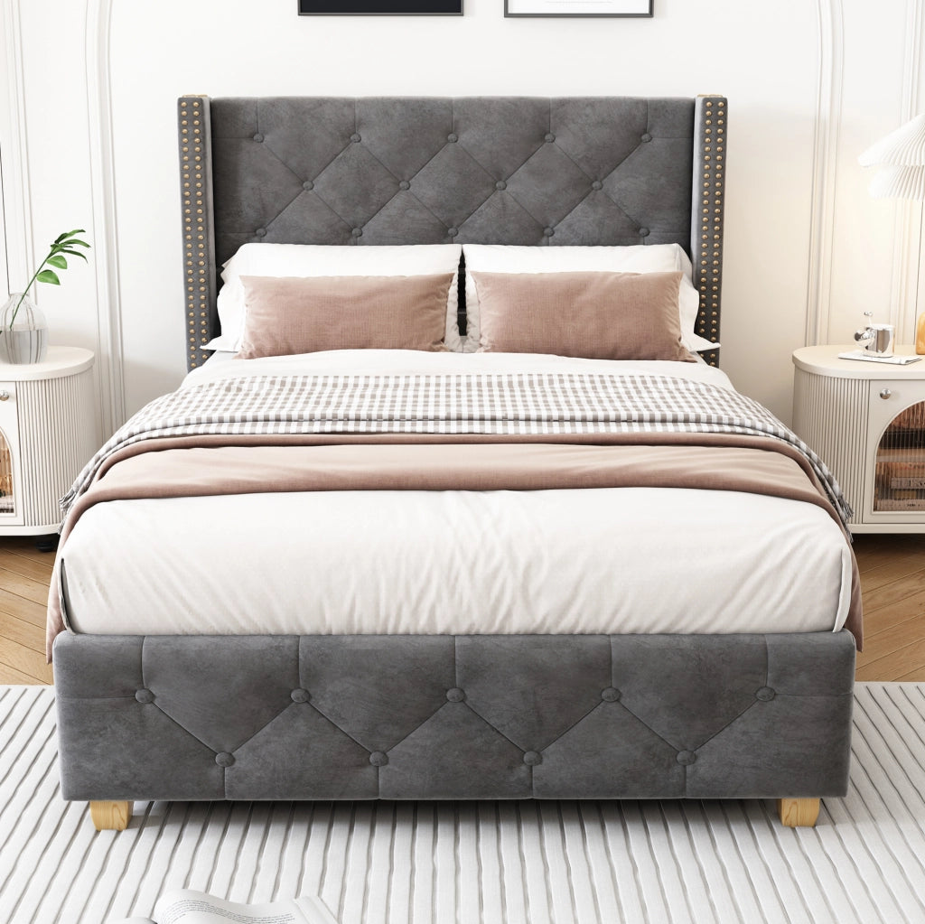 Letto imbottito 90x200 cm in velluto grigio con testiera; rete a doghe e gambe in legno