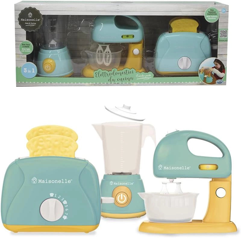 MAISONELLE - MINI ELETTRODOMESTICI DA CUCINA COMBO PACK
MINI ELETTRODOMESTICI CON FUNZIONI:   IMPASTATRICE 18 X 11.5 X 19 CM 
FRULLATORE  12.5 X 11 X 20.5 CM
TOSTAPANE 19 X 9 X 13 CM
