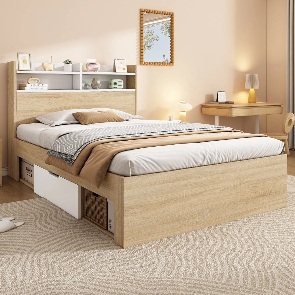 OKWISH Letto Singolo 90×200 cm con 2 Cassetti, Contenitore e Mensole, senza Materasso, in Legno, Bianco e Rovere