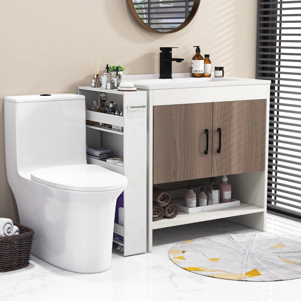 Carrello portaoggetti con maniglia ruote da cucina, Scaffale mobile salvaspazio con scaffali stretti Bianco