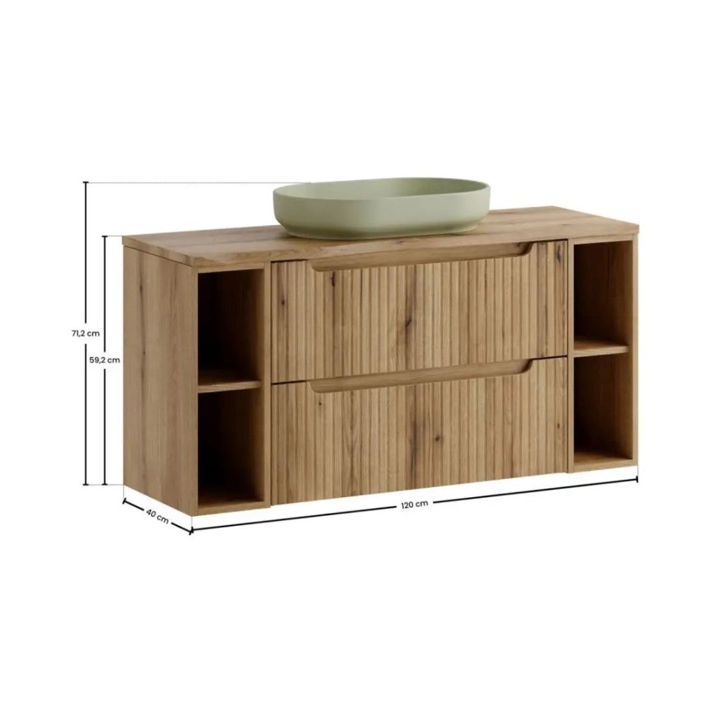 Set VANO rovere chiaro 120cm : mobile sottolavabo con cassetti e nicchie a vista + piano per lavabo + lavabo ovale da appoggio