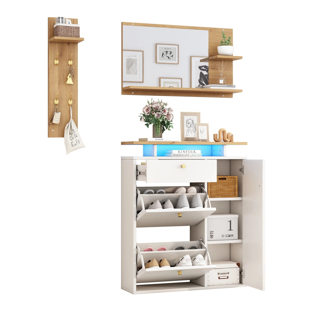 Mobile ingresso con specchio; LED e ganci - in truciolare - 105×25×151.5 cm - bianco
