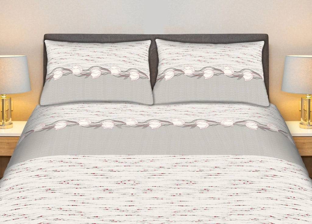 Completo Lenzuola Stiro Facile 100% Cotone Made Italy Effetto Seta Disegno Tulip - Matrimoniale - Grigio