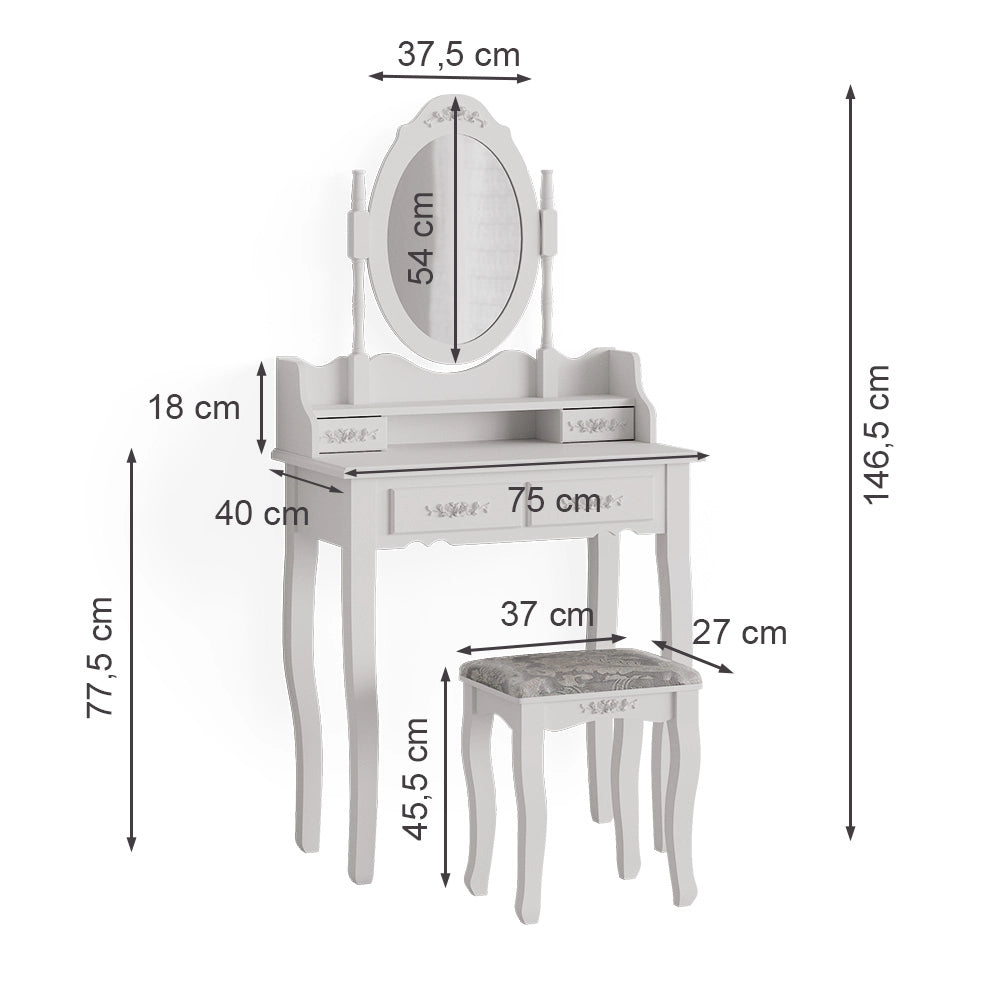 Vicco Tavolo da toeletta Bianco 75 cm con sgabello