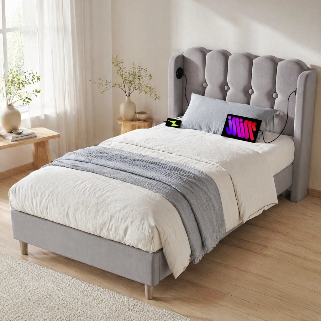 LETTO Imbottito 90x200 cm Grigio in lino con USB e USB-C