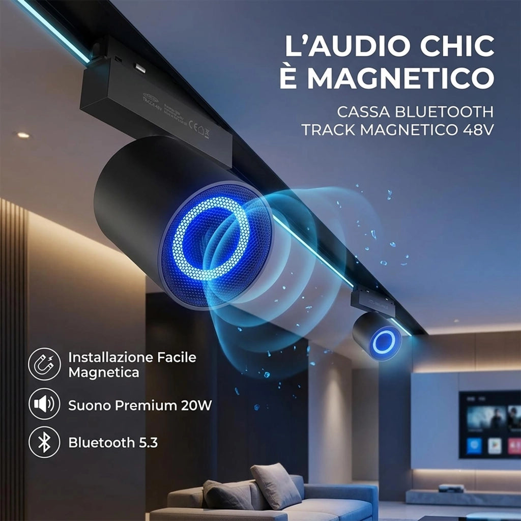 Cassa Speaker Bleutooth per Binario Track Magnetico 48V 20W Audio HI-FI Stereo Negozio Ristorante Showroom
