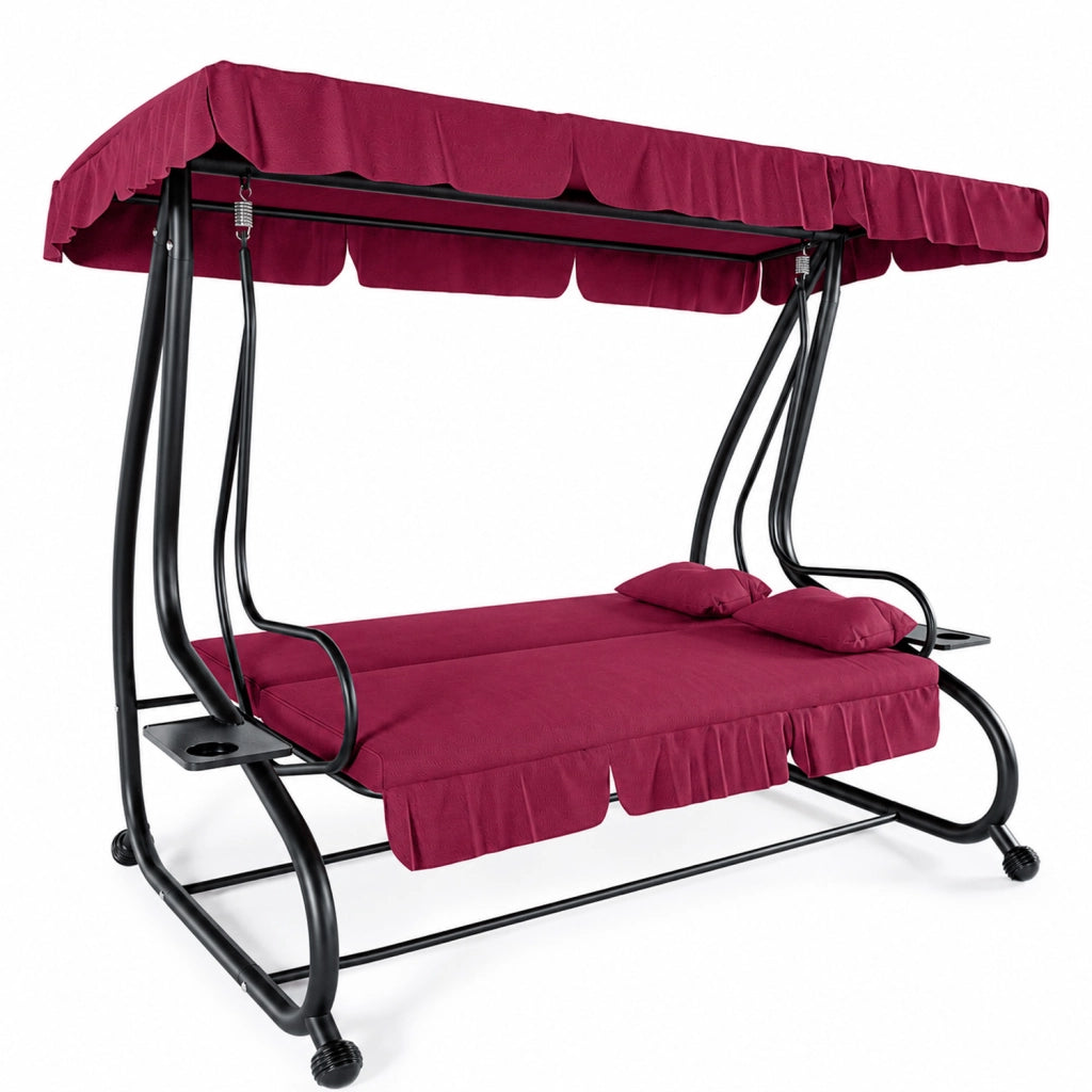 Dondolo 3 Posti Reclinabile Madeira Tettuccio Parasole Regolabile Cuscini Imbottiti Diventa Letto Struttura Robusta In Acciaio Verniciato Giardino Esterno Balcone Terrazzo 200 x 120 x 160 cm Bordeaux