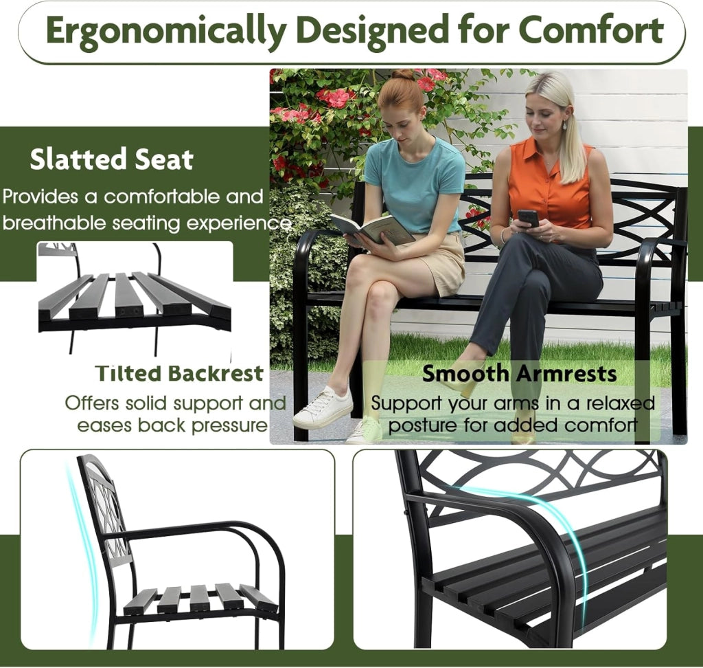 Panca da Esterno in Metallo, Panchina da Giardino 2 Posti con Braccioli, Schienale Ergonomico e Seduta a Doghe, Resistente agli Agenti Atmosferici, Panca da Terrazza, Parco, Cortile, Nero