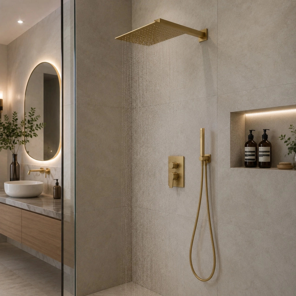 Soffione Doccia Per Bagno Ultra Slim Quadrato 25x25 cm Oro Satinato 1/2" 87882