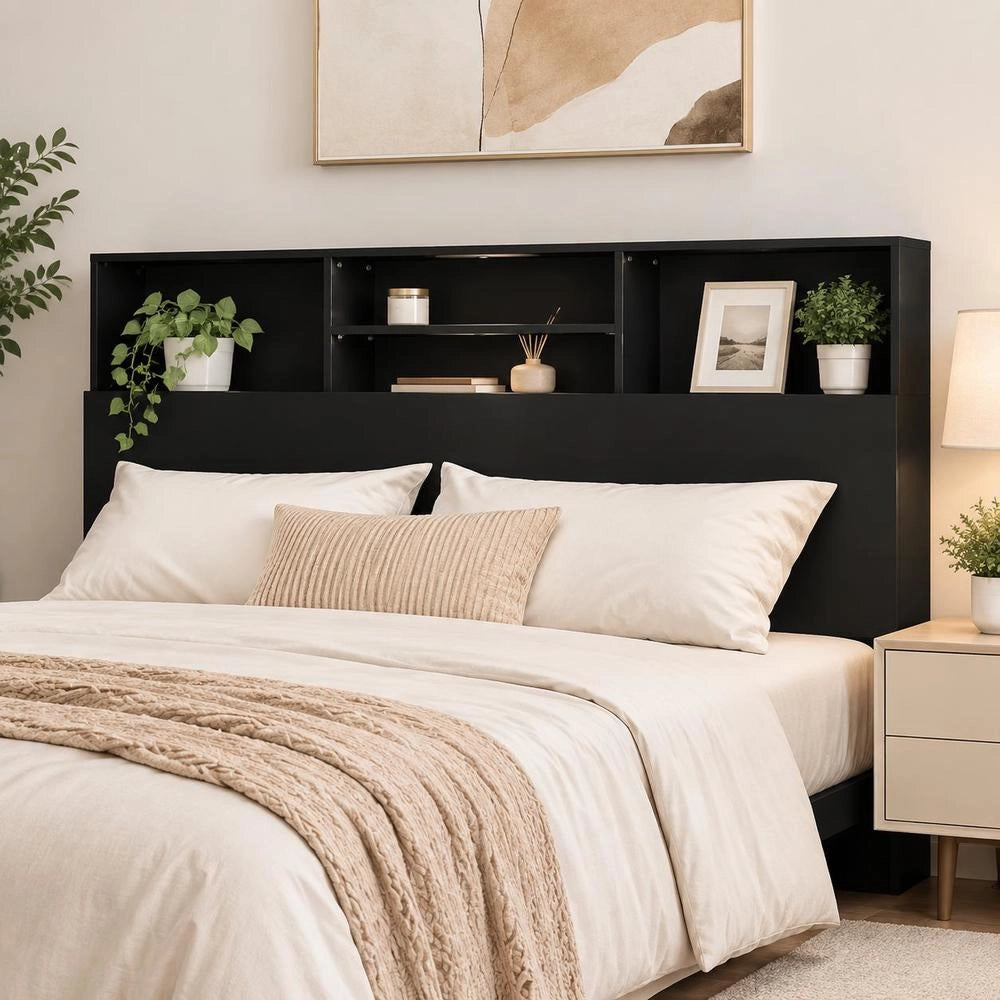 Bed Headboard With Shelves, Black, 160x19x103.5 Cm