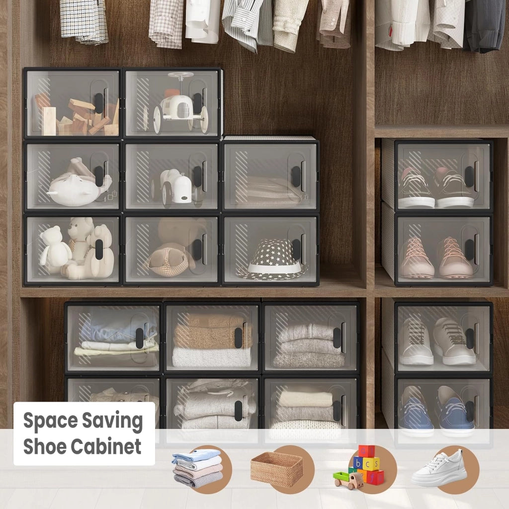 Set di 18 Scatole per Scarpe Trasparenti, Porta Scarpe Impilabile, Scarpiera con Coperchio Magnetico, in Plastica per Guardaroba, Trasparente e Nero, 35x25x19cm