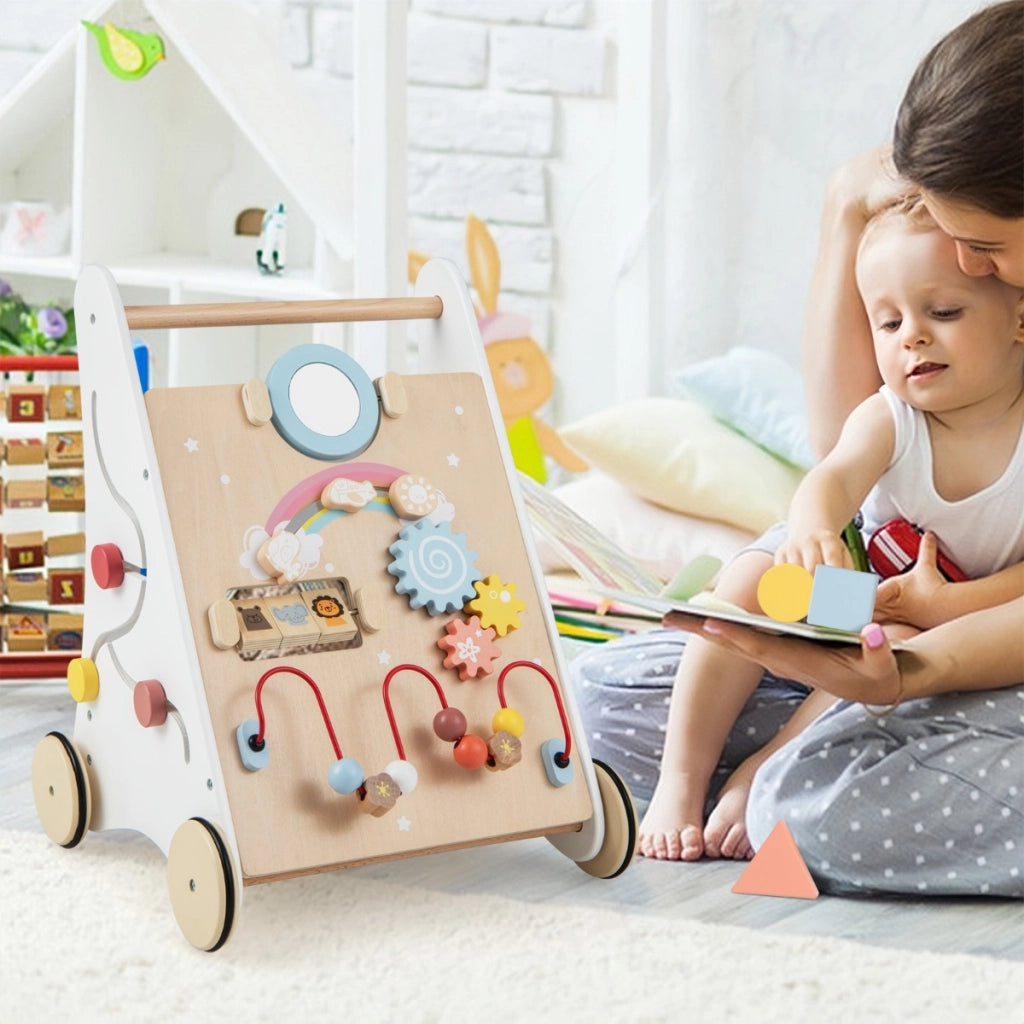 Carrello primi passi per bambini in legno 7 in 1, Primi passi per spingere e tirare con giochi educativi Bianco-Primi passi