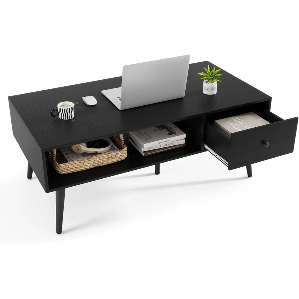 Tavolino moderno mid-century con 1 cassetto e mensola, Tavolino da caff¨¨ per salone e reception Nero