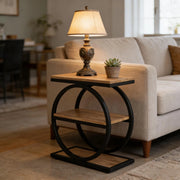 Tavolino basso fisso a 3 ripiani in MDF e metallo nero e marrone per soggiorno e camera da letto 73 × 62 × 12 cm