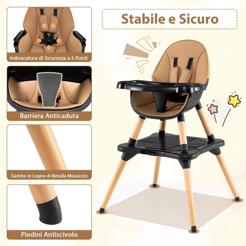 6-in-1 Seggiolone per Neonati, Seggiolone Prima Pappa, Tavolo e Sedia Convertibile per Bambini, Imbracatura di Sicurezza, Vassoio Rimovibile, per Bambini 6-36 Mesi (Caffè+Nero)