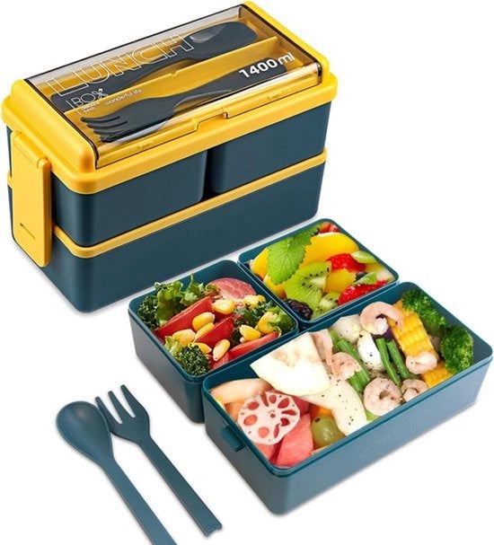 Lunchbox - 1400ml - Con Servizi E 3 Cestelli - Lunchbox Grande - Impermeabile Bento - Adatto Per Riso, Noodles, Verdure, Carne E Altro! - Per Bambini E Adulti - Blu - Erettile E Idratario - Bpa Libero!
