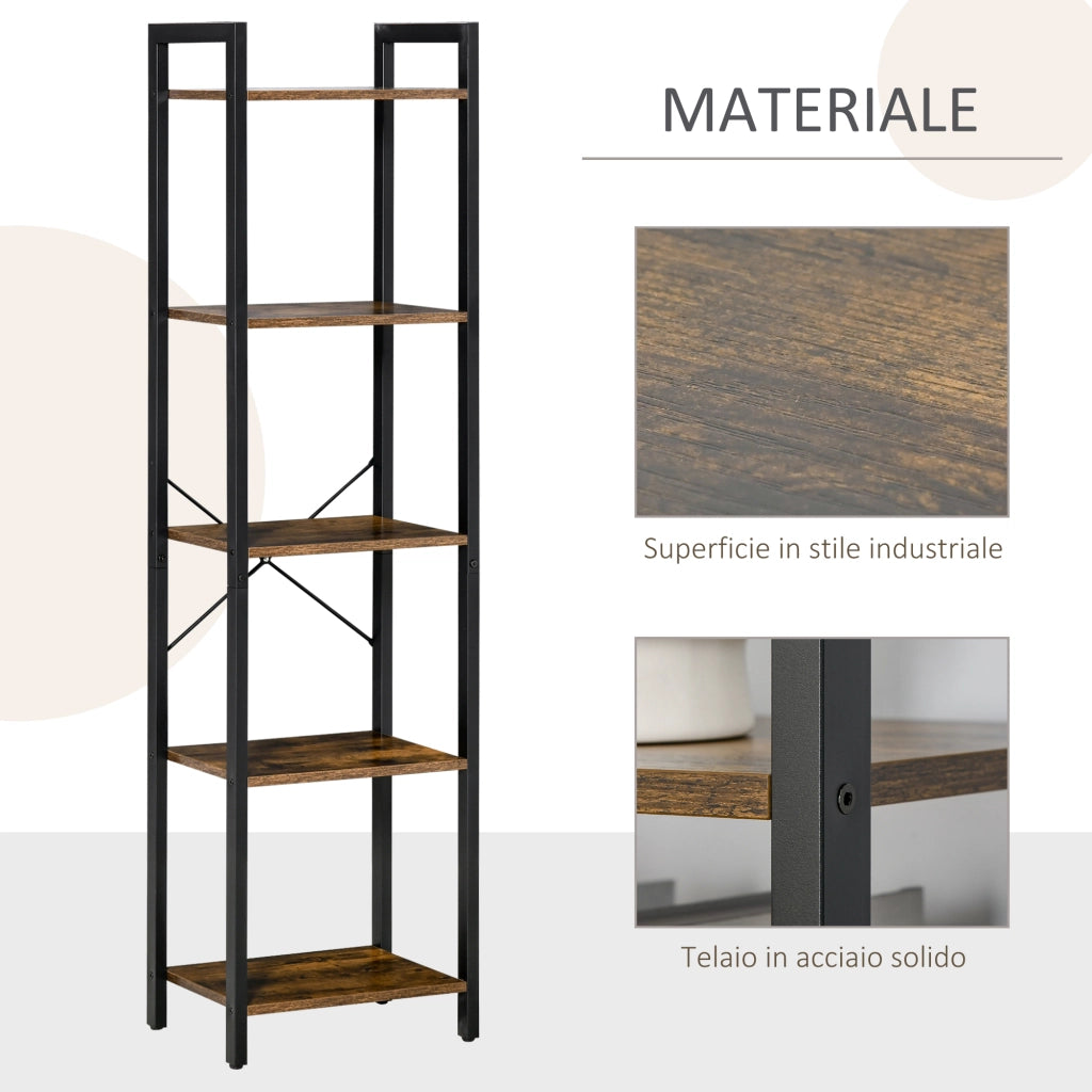 EasyComfort Libreria Stile Industriale a 5 Scaffali in Legno e Acciaio, 40x30x154cm, Marrone Rustico