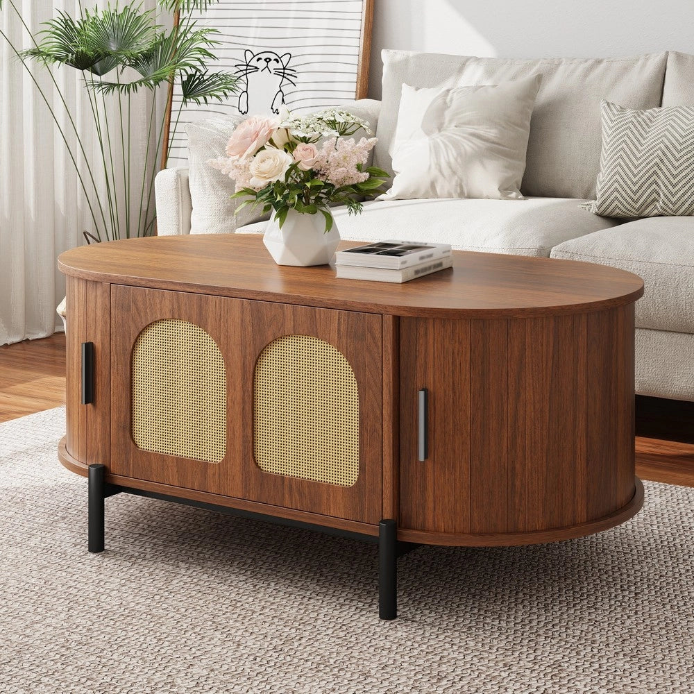 Tavolino da Caff¨¨ Ovale con Rattan e Ante Scorrevoli ¨C MINIMAL ¨C Legno e Metallo con Vano Contenitore