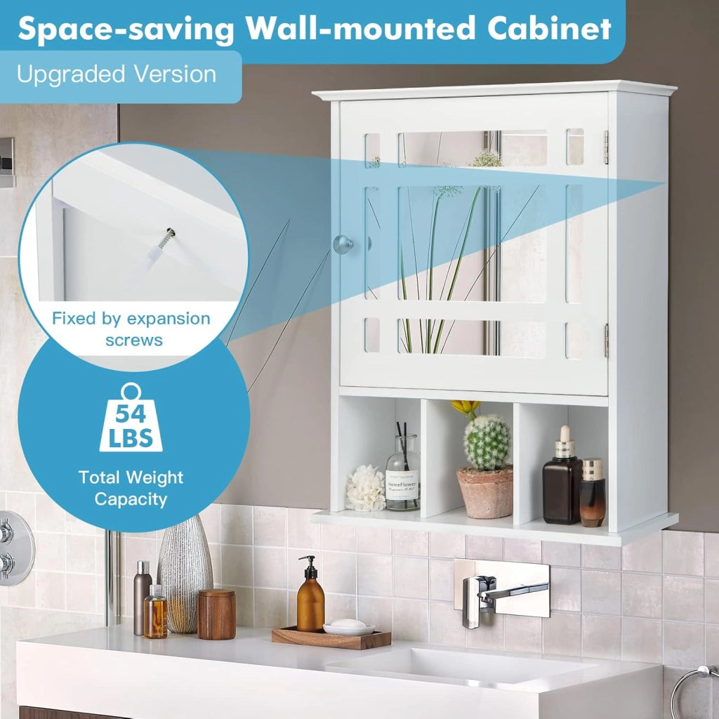 Specchio Bagno con Mensola, Toletta da Trucco Bianco con Specchio con 3 Scomparti e 1 Anta, Armadietto da Parete con Ripiano Regolabile, 48x17x60cm