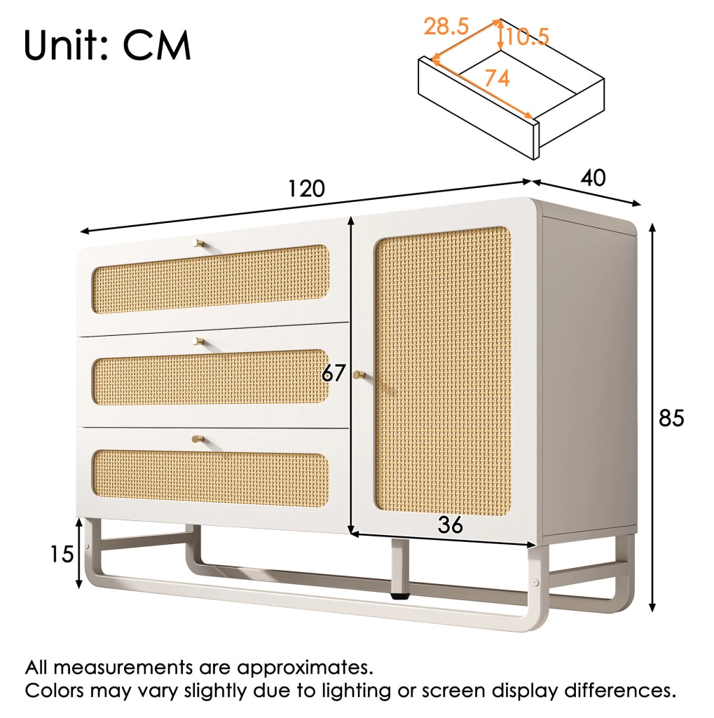Credenza bianca 120 x 40 x 85 cm in MDF e metallo; 3 cassetti; anta e ripiani regolabili