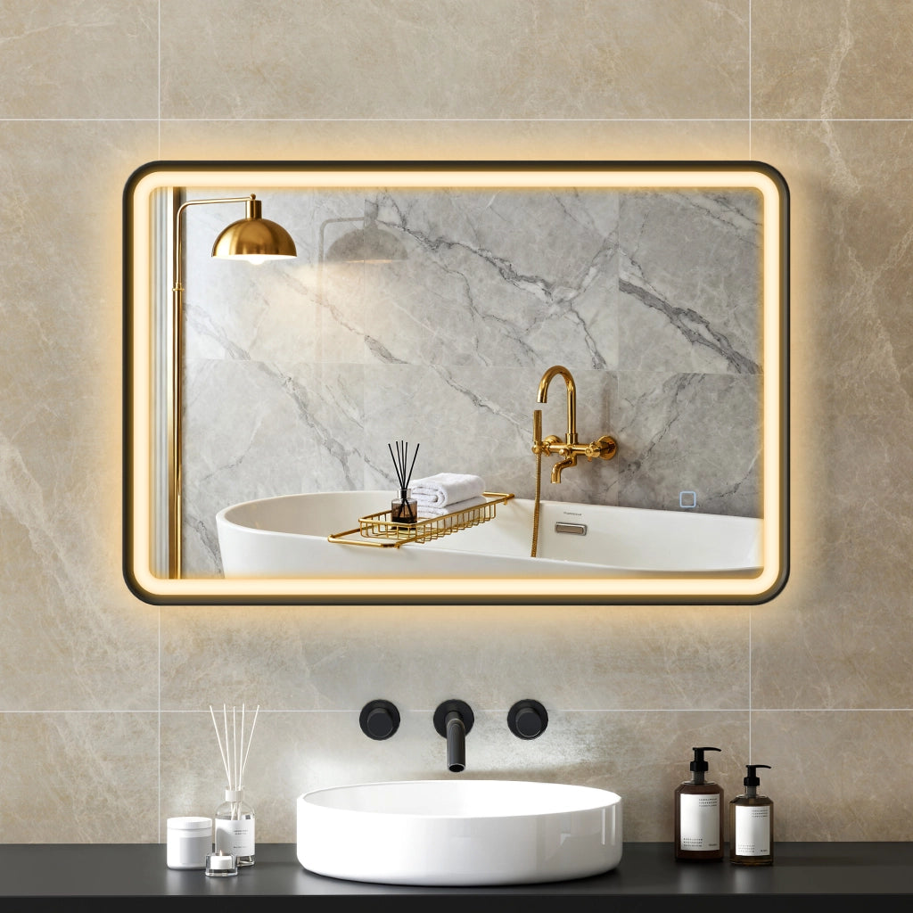 Specchio da Bagno LED Antifog 3 Colori Dimmerabile ¨C Minimal ¨C Nero 90x60 cm