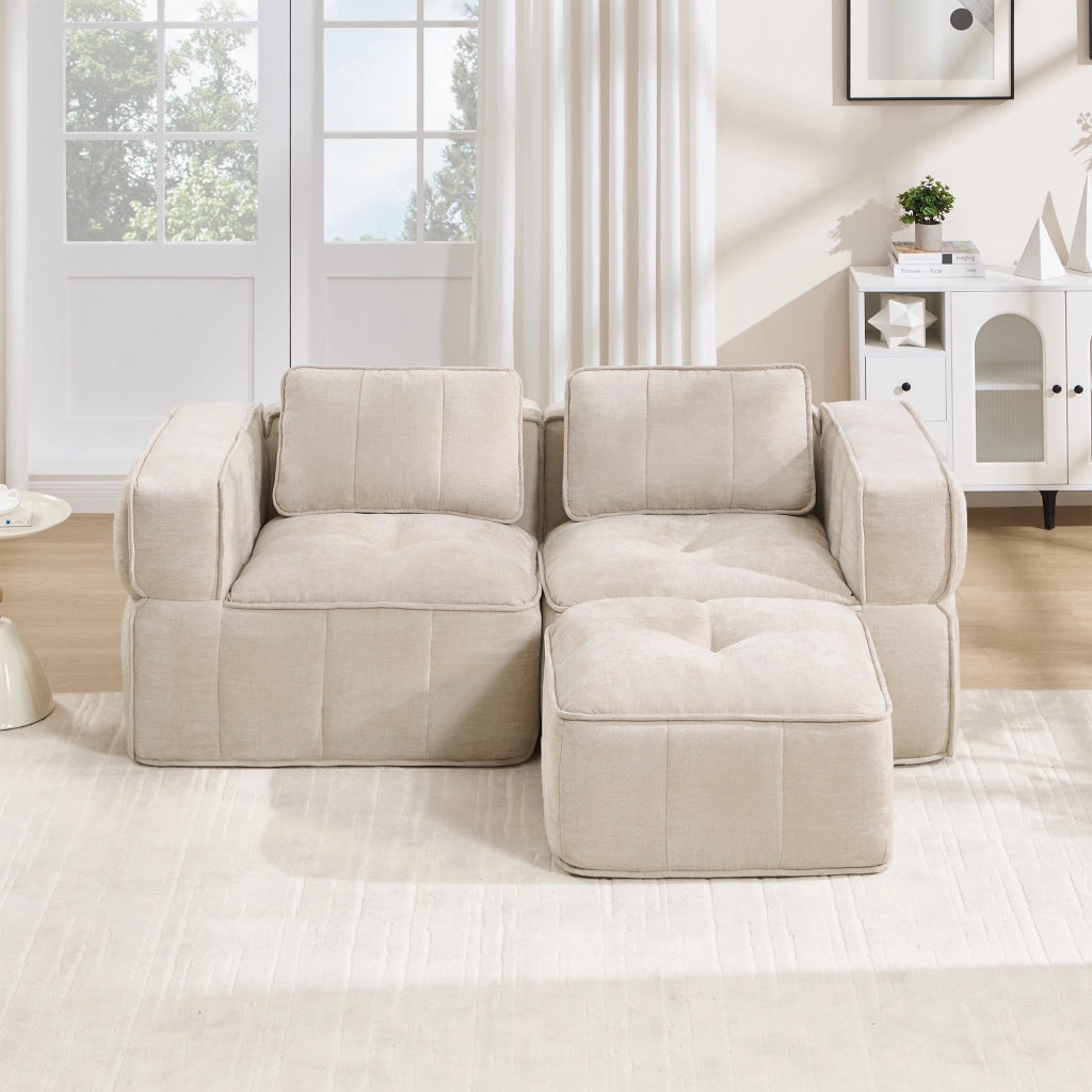 Divano modulare 2 posti con pouf e base antiscivolo per soggiorno in poliestere beige