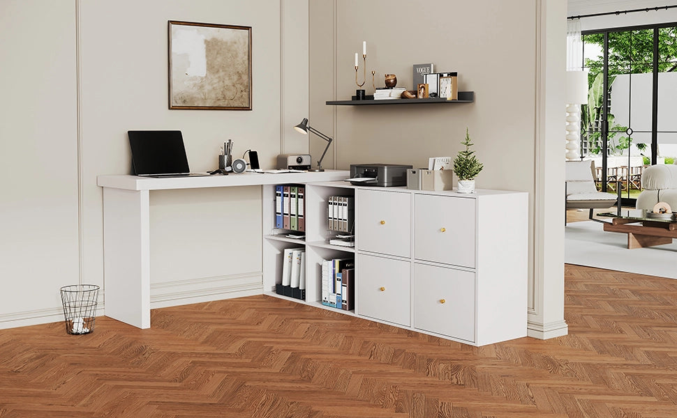Scrivania angolare girevole a 360° con 4 cassetti e 4 vani, con sistema antiribaltamento, per ufficio, in MDF, bianco