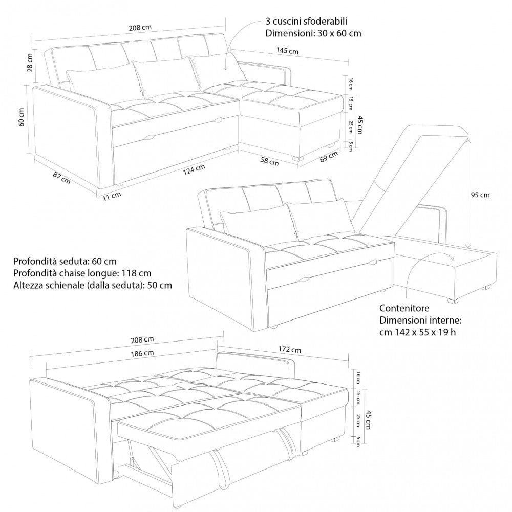 Divano Letto Cedric 208x87/145x88 cm  in Tessuto Tortora