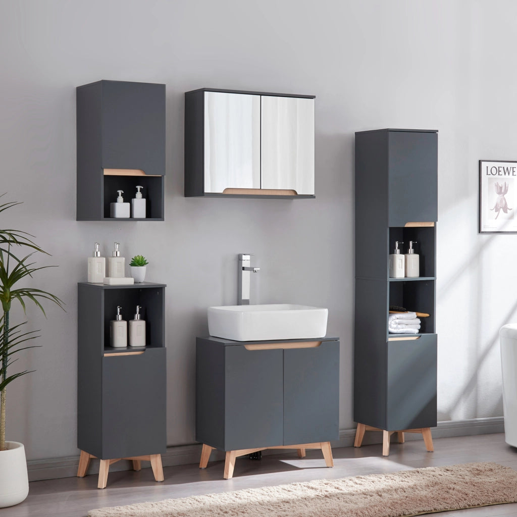 Armadietto Overath con Anta e Scomparto 86 x 30 x 30 cm Grigio / Legno di Pino [en.casa]