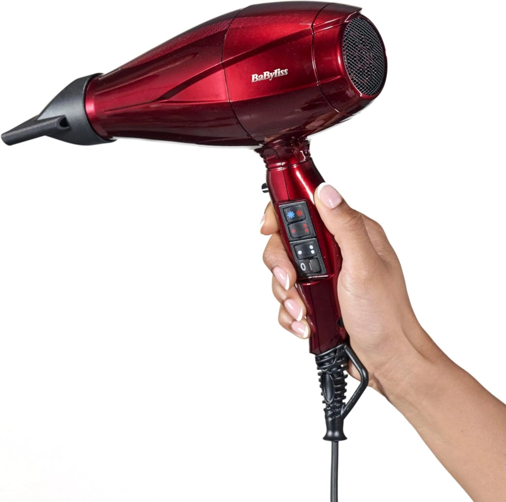 Asciugacapelli Made In Italy con Motore Digitale 2200W, Phon Capelli, asciugatura ultra-rapida, funzione ionica, 3 temperature, 4 velocità, tasto turbo, diffusore, concentratori, rosso