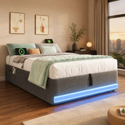 Letto imbottito 90x200 cm grigio con LED, ricarica USB/Type-C e vano contenitore