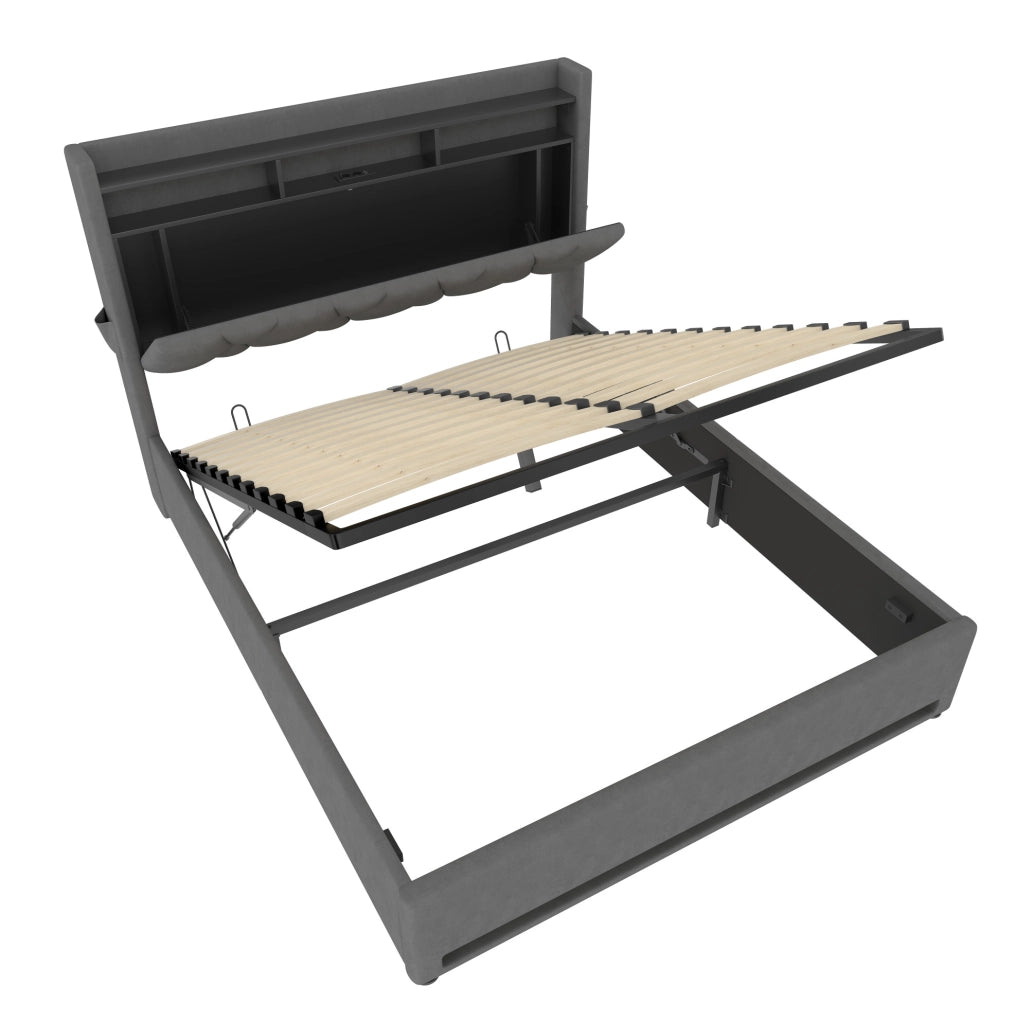 Letto imbottito 160x200 cm con LED e contenitore; testiera portaoggetti in velluto grigio scuro