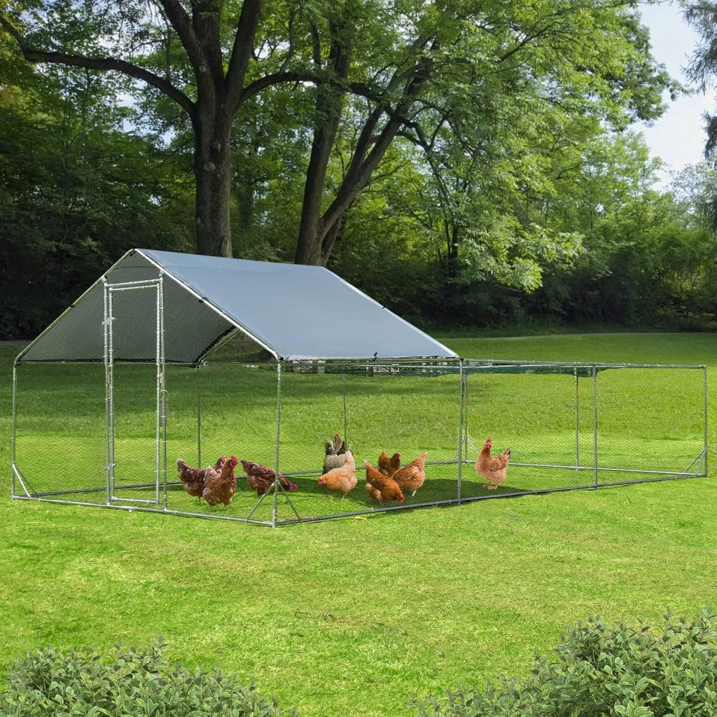 Pollaio per Galline da Esterno 3 x 6 x 1,95 M, Gabbia da Esterno Grande in Acciaio Zincato con Serratura e Tetto Impermeabile e Resistente al Sole, Recinto per Galline e Conigli