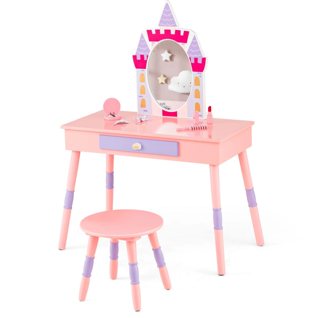 Set da toletta per bambini con specchio cassetto e piano rimovibile, Tavolo da trucco e sgabello in legno Rosa-Toelette per bimbi