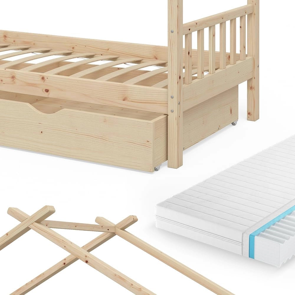Letto montessori bambini Design, Legno naturale, 90x200 cm con 2 cassetti e materasso, con sponda anticaduta e rete a doghe per un sonno sicuro