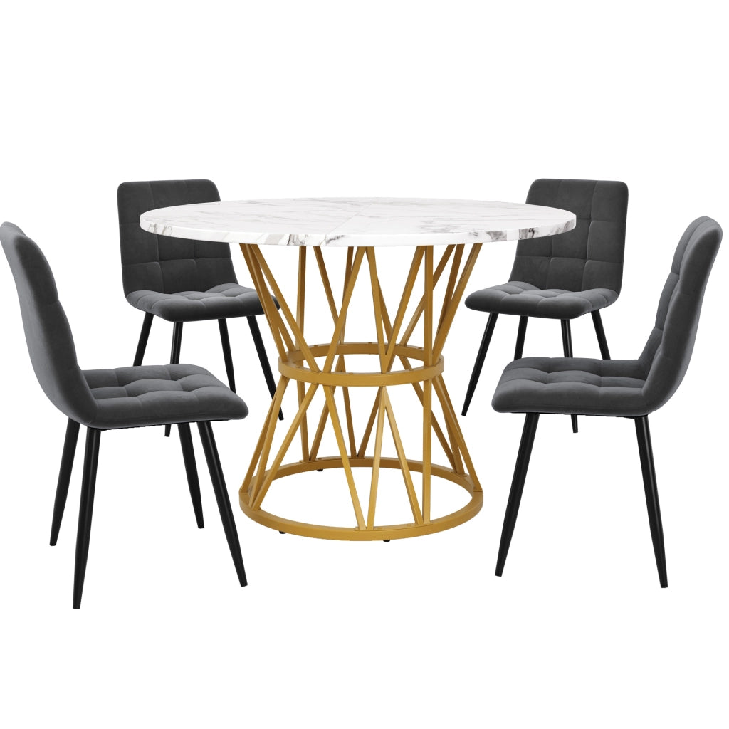 Set tavolo e 4 sedie rotondo 100 cm MDF effetto marmo grigio e oro