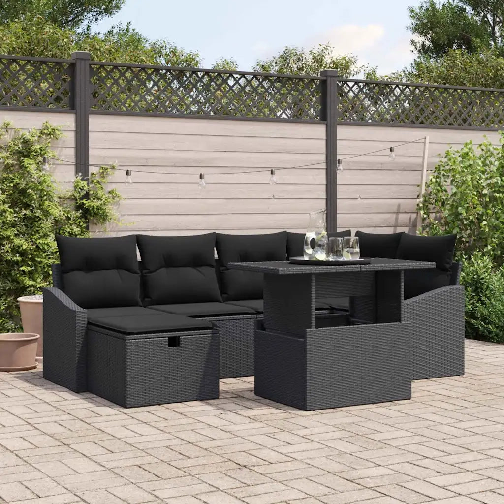 Set Divano da Giardino con cuscino 7 pcs Nero polyrattan