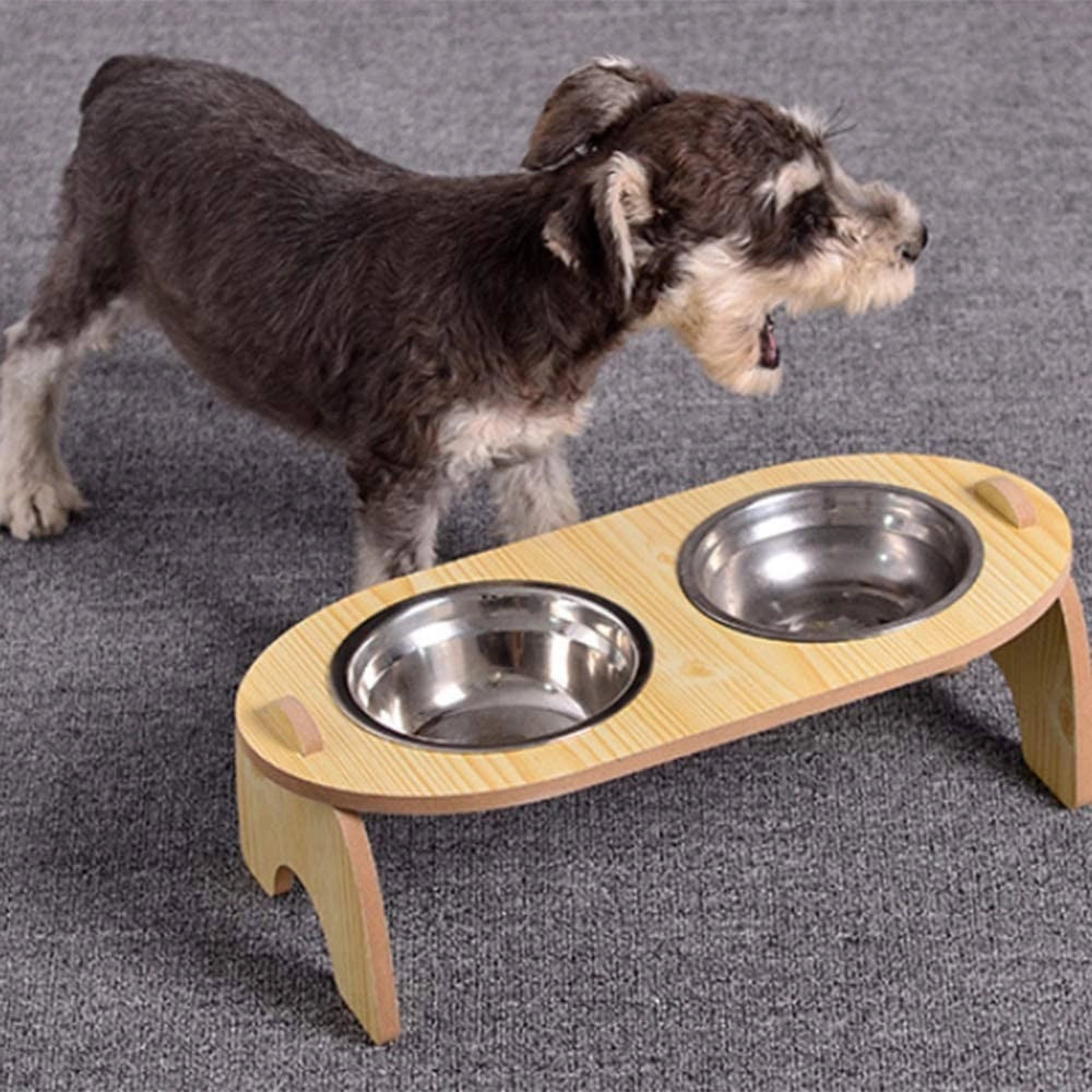 Trade Shop - Ciotola Doppia Rialzata Per Cani Gatti Con Base In Legno Per Animali Domestici -